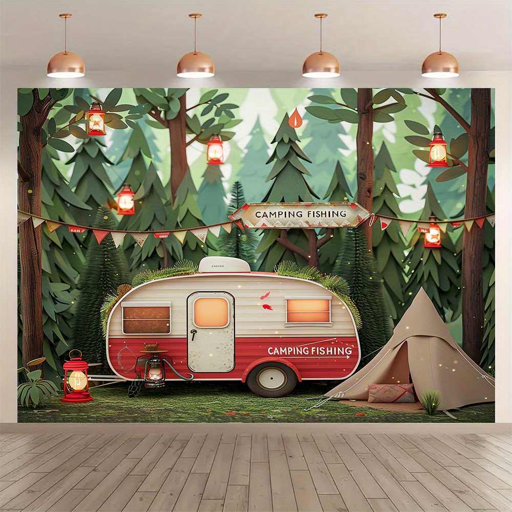Outdoor Adventure Birthday Party - Spanduk latar belakang tema berkemah hutan